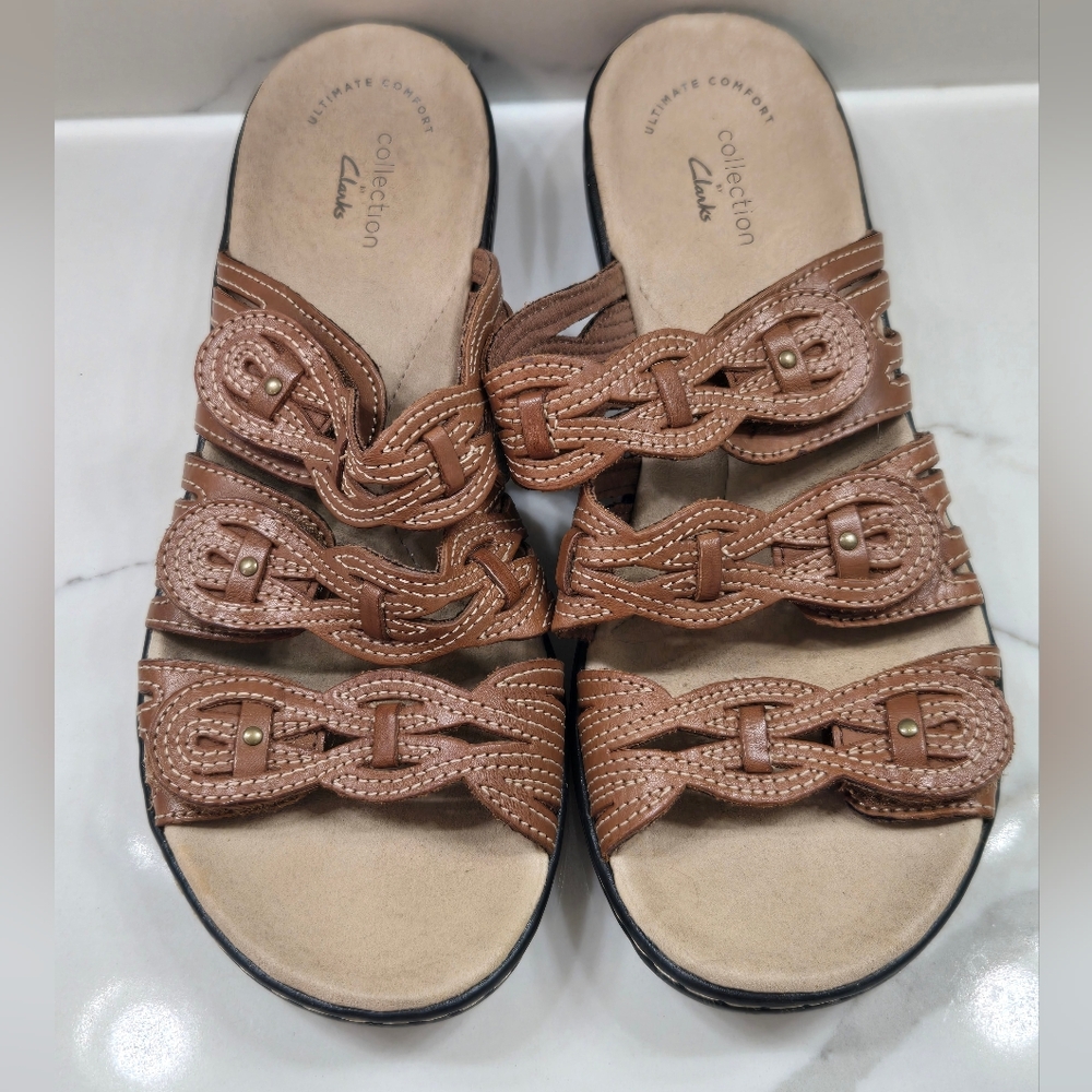 Clarks Women's Brown Strap Leather Sandals Comfort Summer Shoes Size 7.5